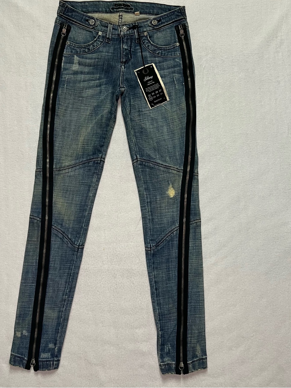 NWT Y2K Bebe Moto Zip Skinny Jeans Size 28 Low Rise Indie Sleaze Distressed Wash